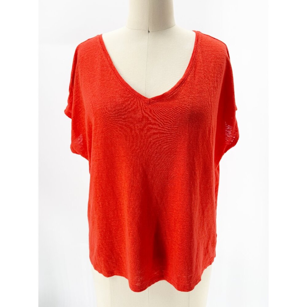 Rachel Zoe Womens 100% Linen V-Neck Short Sleeve Top Red L - Picture 9 of 9